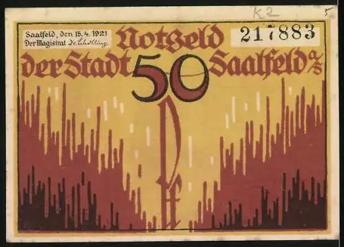 Notgeld Saalfeld / Saale 1921, 50 Pf, Der Hohe Schwarm und Seriennummer 211883