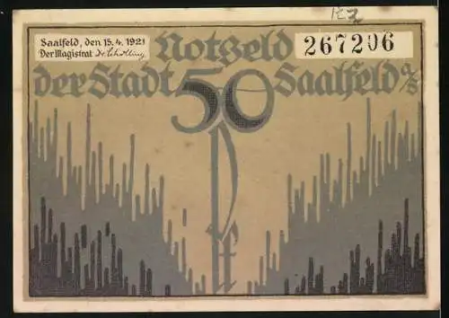 Notgeld Saalfeld / Saale, 1921, 50 Pf, Die Feengrotten, Seriennummer 267206