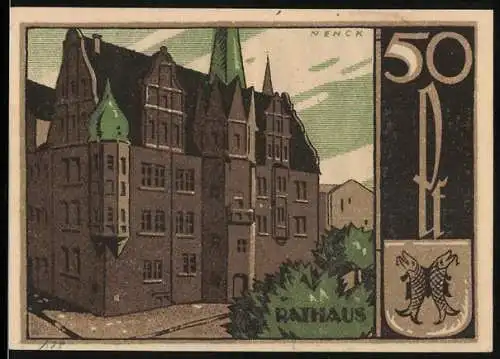 Notgeld Saalfeld / Saale 1921, 50 Pf, Rathaus und Stadtwappen, gedruckt von Denck