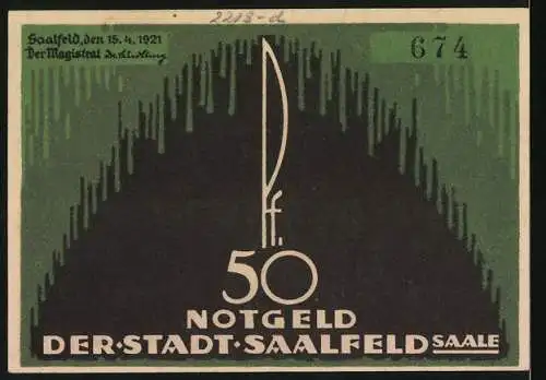 Notgeld Saalfeld / Saale 1921, 50 Pf, Rathaus und Stadtwappen, gedruckt von Denck