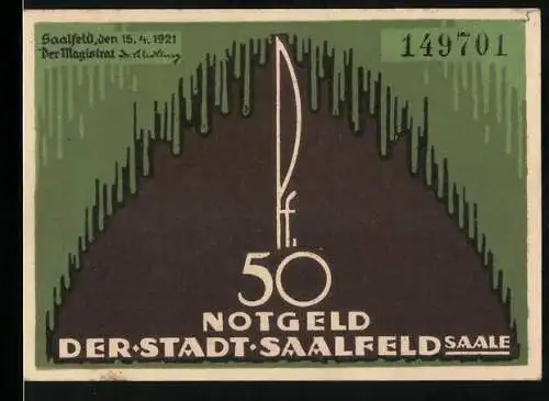 Notgeld Saalfeld / Saale 1921, 50 Pfennig, Abbildung eines Rathauses und dekorativer Schriftzug