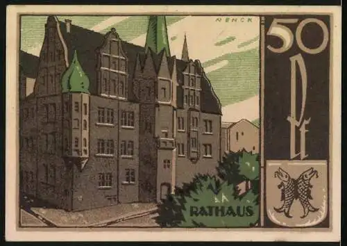 Notgeld Saalfeld / Saale 1921, 50 Pfennig, Abbildung eines Rathauses und dekorativer Schriftzug