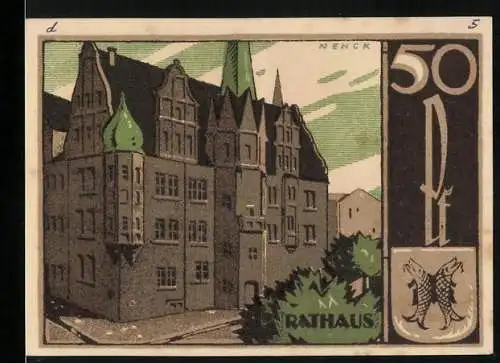 Notgeld Saalfeld / Saale 1921, 50 Pf, Rathaus und Wappen der Stadt Saalfeld