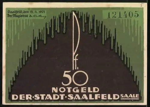 Notgeld Saalfeld / Saale 1921, 50 Pf, Rathaus und Wappen der Stadt Saalfeld