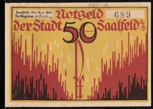 Notgeld Saalfeld / Saale 1921, 50 Pfennig, Vorderseite mit rotem und gelbem Design, Rückseite mit Burg und Wappen