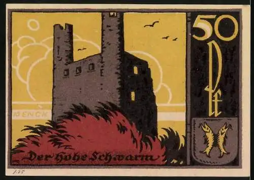 Notgeld Saalfeld / Saale 1921, 50 Pfennig, Vorderseite mit rotem und gelbem Design, Rückseite mit Burg und Wappen