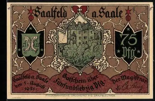 Notgeld Saalfeld a. Saale 1921, 75 Pf, Burg und Saalbrücke, Vorder- und Rückseite bedruckt