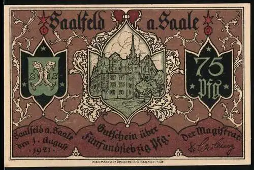 Notgeld Saalfeld a. Saale 1921, 75 Pf, Empfang von Emigranten auf dem Markt und Stadtansicht mit Wappen