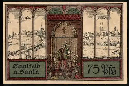 Notgeld Saalfeld a. Saale, 1921, 75 Pf., Stadtansicht und Wappen