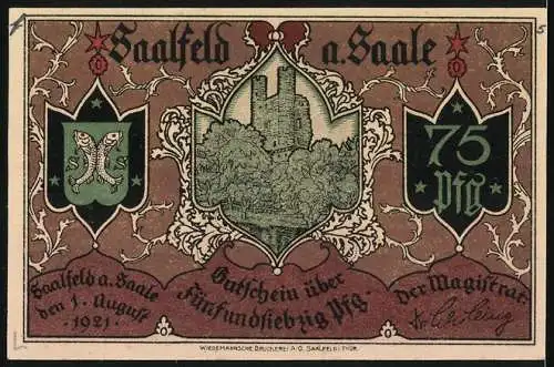 Notgeld Saalfeld a. Saale, 1921, 75 Pf., Stadtansicht und Wappen