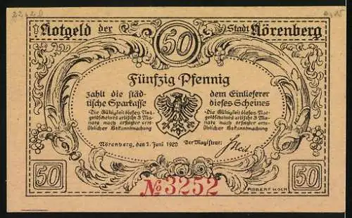 Notgeld Nörenberg am Enzigsee, 1920, 50 Pfennig, mit Hummer und Stadtsiegel, Serie Nr. 3252