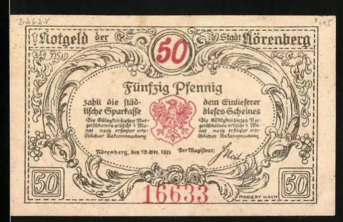 Notgeld Nörenberg 1921, 50 Pfennig, roter Hummer und Stadtwappen