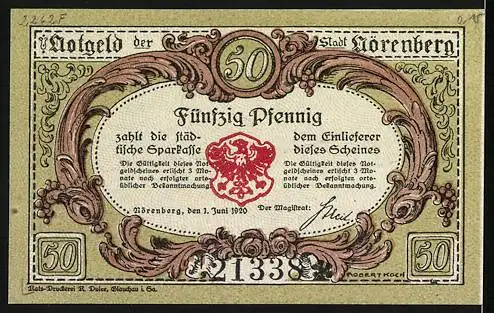 Notgeld Nörenberg, 1920, 50 Pfennig, Illustration mit Flusskrebs und dekorative Rahmenrückseite