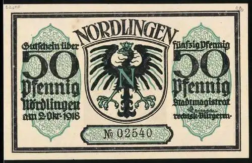 Notgeld Nördlingen, 1918, 50 Pfennig, Adlerwappen und Stadttor, Seriennummer 092540