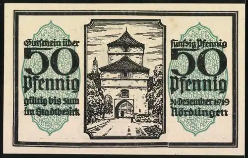 Notgeld Nördlingen, 1918, 50 Pfennig, Adlerwappen und Stadttor, Seriennummer 092540