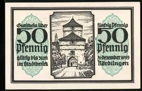 Notgeld Nördlingen 1918, 50 Pfennig, Gutschein mit Stadtwappen und Stadttor Illustration