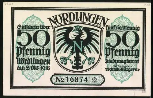 Notgeld Nördlingen 1918, 50 Pfennig, Gutschein mit Stadtwappen und Stadttor Illustration