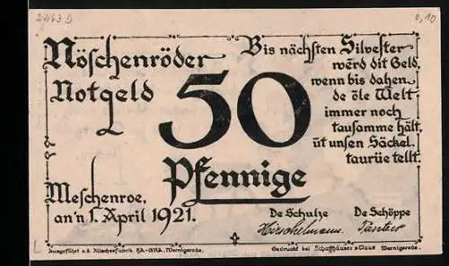 Notgeld Nöschenrode 1921, 50 Pfennige, Spruch und Scherenschnitt von Maria Alge auf der Rückseite