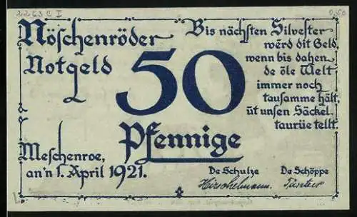 Notgeld Nöschenrode 1921, 50 Pfennig, Volksweisheit und Frau mit Ziege