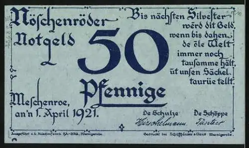 Notgeld Nöschenrode 1921, 50 Pfennig, Frau mit Ziege und Landschaft