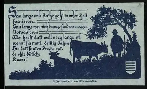 Notgeld Nöschenrode 1921, 25 Pfennig, Illustration mit Kuh und Mensch im Wald, Rückseite mit Text