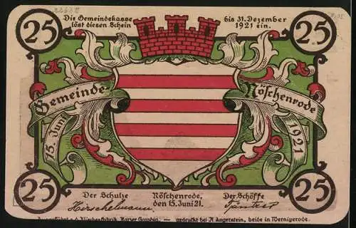 Notgeld Nöschenrode 1921, 25 Pfennig, Gemeinde Röhrenrode mit Wappen und Inschrift auf Rückseite