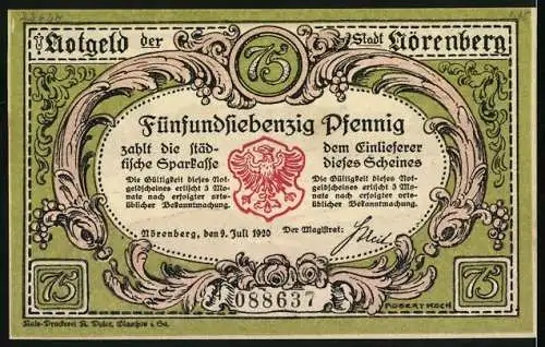 Notgeld Nörenberg, 1920, 75 Pfennig, Flusslandschaft mit Hummer und Stadtansicht