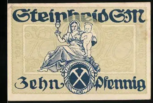 Notgeld Steinheid, 1920, 10 Pfennig, Blau-Weiss mit Mutter und Kind, Rückseite zwei Engel und Krone