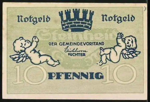 Notgeld Steinheid, 1920, 10 Pfennig, Blau-Weiss mit Mutter und Kind, Rückseite zwei Engel und Krone