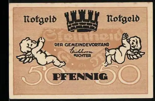 Notgeld Steinheid, 1920, 50 Pfennig, Engel und Gemeindewappen, sitzende Frau mit Kind
