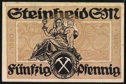 Notgeld Steinheid, 1920, 50 Pfennig, Engel und Gemeindewappen, sitzende Frau mit Kind