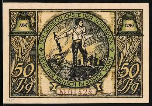 Notgeld Rudolstadt, 1921, 50 Pfennig, Darstellung von Mensch in Wahnsinn und Schillers Begegnung mit Goethe