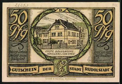 Notgeld Rudolstadt, 1921, 50 Pfennig, Darstellung von Mensch in Wahnsinn und Schillers Begegnung mit Goethe