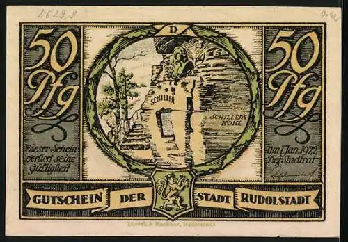 Notgeld Rudolstadt, 1921, 50 Pfennig, Mann und Frau im Feld, Schillers Höhe