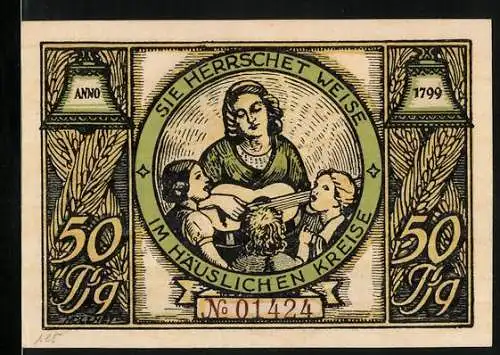 Notgeld Rudolstadt, 1921, 50 Pfennig, Sie herrschet weise im häuslichen Kreise / Geburtshaus Charlotte v. Lengefelds