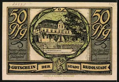 Notgeld Rudolstadt, 1921, 50 Pfennig, Sie herrschet weise im häuslichen Kreise / Geburtshaus Charlotte v. Lengefelds