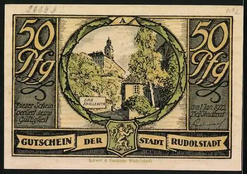 Notgeld Rudolstadt, 1922, 50 Pfennig, Gutschein der Stadt Rudolstadt mit Familienmotiv und Stadtansicht