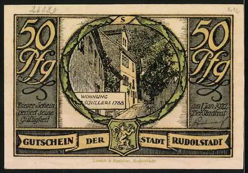 Notgeld Rudolstadt 1921, 50 Pfennig, Szene mit Glocke und Schillers Wohnung 1783