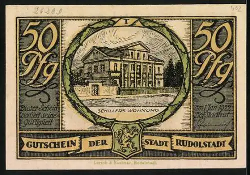 Notgeld Rudolstadt, 50 Pfennig, Versammlung und Schillers Wohnung