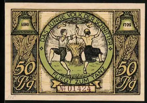 Notgeld Rudolstadt, 1921, 50 Pfennig, Das junge Volk der Schnitter tanzt, Wohnung Schillers