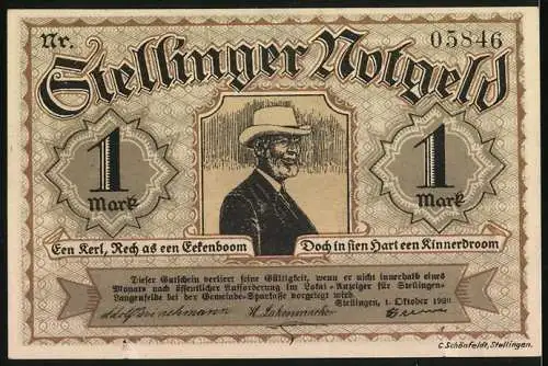 Notgeld Stellingen, 1920, 1 Mark, Mann mit Hut und Tor mit Tieren am Zoologischen Garten