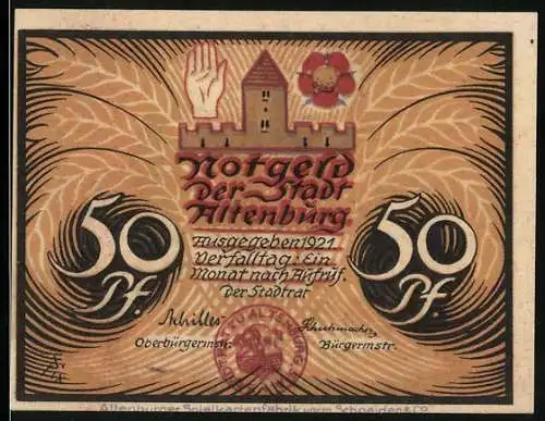 Notgeld Altenburg / S.-A. 1921, 50 Pf, Stadtwappen und Hochzeitsbitter mit Brautpaar