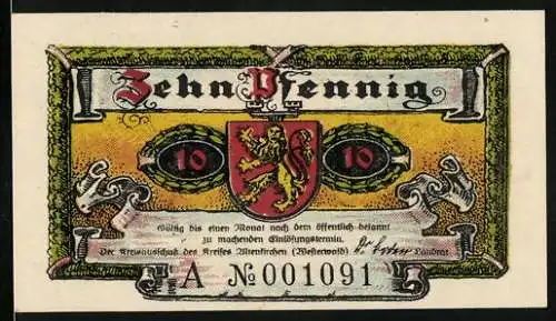 Notgeld Altenkirchen / Westerwald 1921, 10 Pfennig, Schloss Crottorf und Wappen mit Löwen