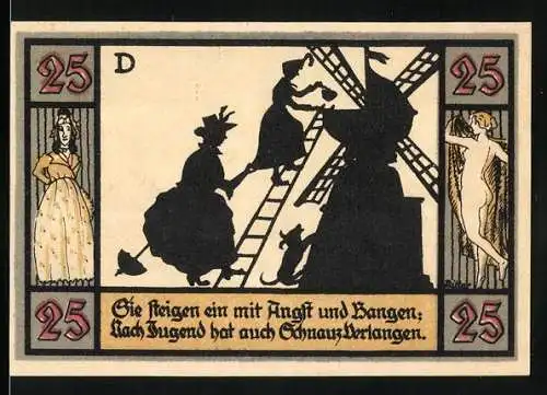 Notgeld Apolda, 1921, 25 Pfennig, Silhouetten und Wappen der Stadt, humoristischer Text