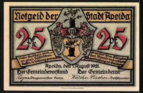 Notgeld Apolda 1921, 25 Pfennig, Humorvolle Silhouetten und Wappen der Stadt