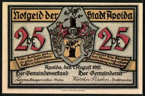 Notgeld Apolda 1921, 25 Pfennig, Stadtwappen und tanzende Frauen vor Mühle