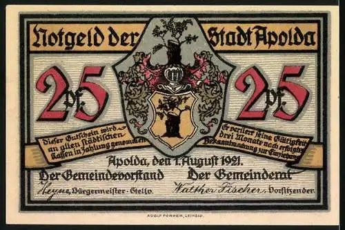 Notgeld Apolda, 1921, 25 Pfennig, Stadtwappen und Frauen mit Hund