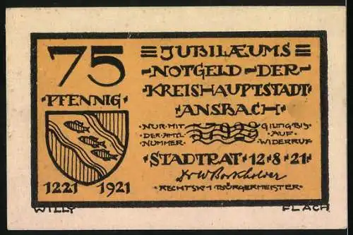 Notgeld Ansbach / Mfr. 1921, 75 Pfennig, Jubiläums-Notgeld der Kreishauptstadt Ansbach 1805