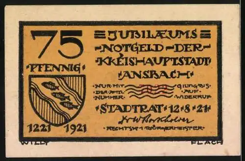 Notgeld Ansbach / Mfr. 1921, 75 Pfennig, Jubiläums-Notgeld der Stadt, beidseitig bedruckt mit Wappen und Schriftzug