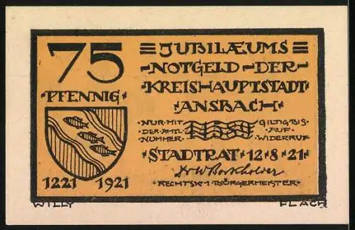 Notgeld Ansbach / Mfr. 1921, 75 Pfennig, Jubiläums-Notgeld der Stadt Ansbach mit Abbildung von Figuren und Wappen